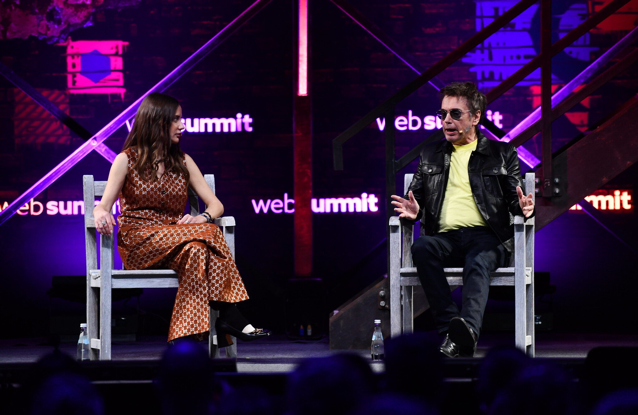 Jean-Michel Jarre, right, and Sasha Tityanko, Sensorium Galaxy, on Contentmakers Stage during day three of Web Summit 2021 at the Altice Arena in Lisbon, Portugal