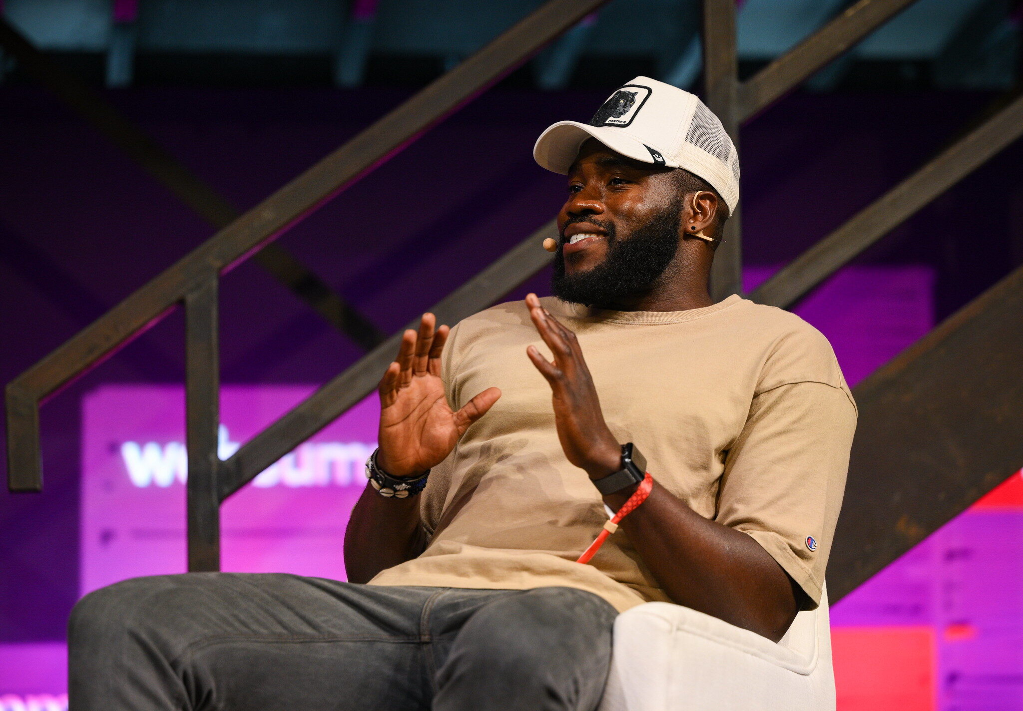 Martins Imhangbe, Actor, Bridgerton on Contentmakers stage during day three of Web Summit 2022 at the Altice Arena in Lisbon, Portugal