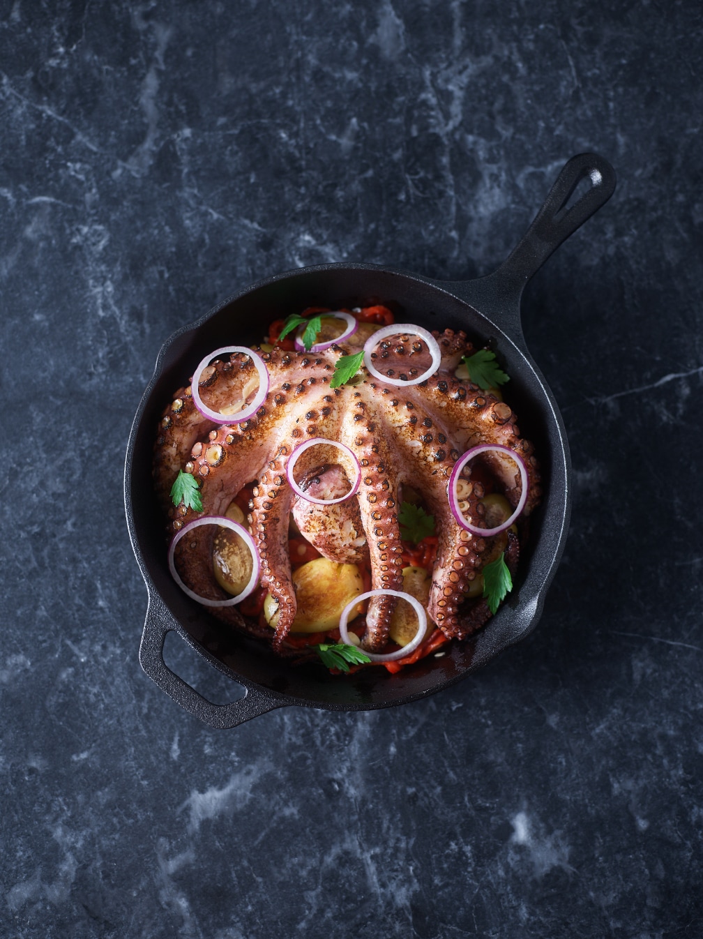 A bowl viewed from above. The bowl contains cooked octopus on a bed of potatoes and other vegetables, topped with rings of raw red onion.