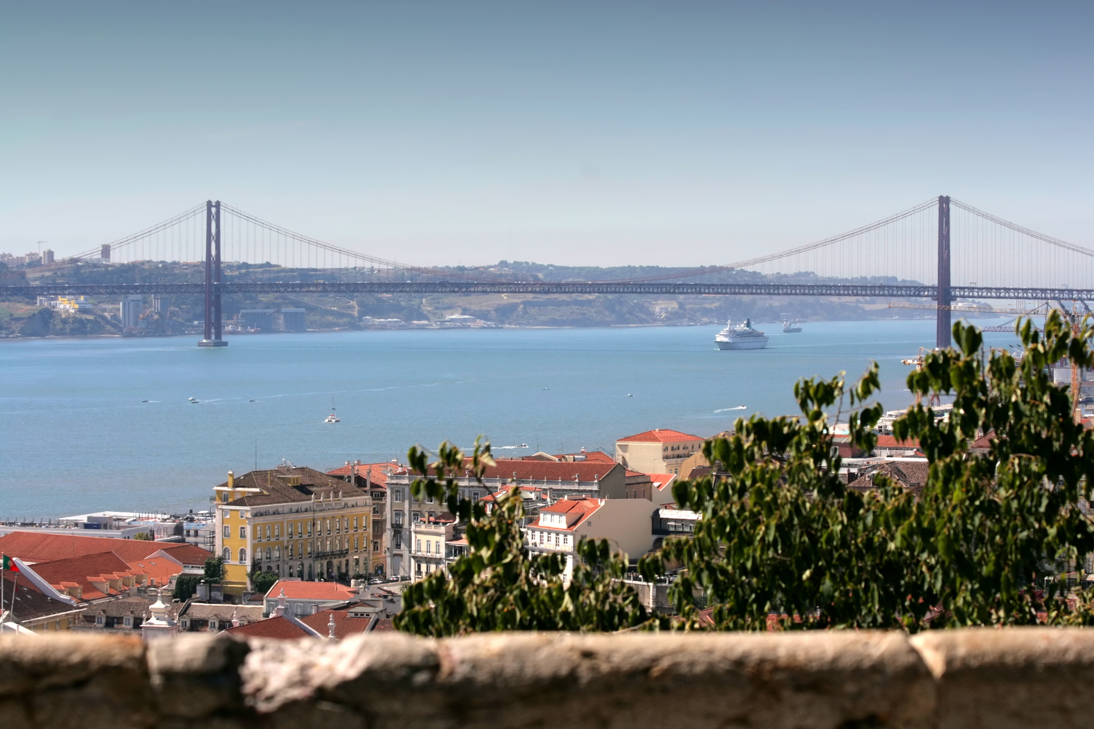 View from the top of the city, with the Tagus River in the background, and colorful facades of buildings