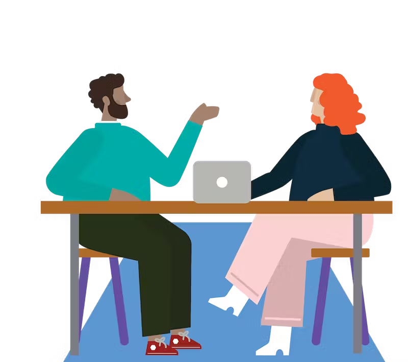 Illustration of two people sitting at a table. They appear to be talking to each other. A laptop is on the table between them.