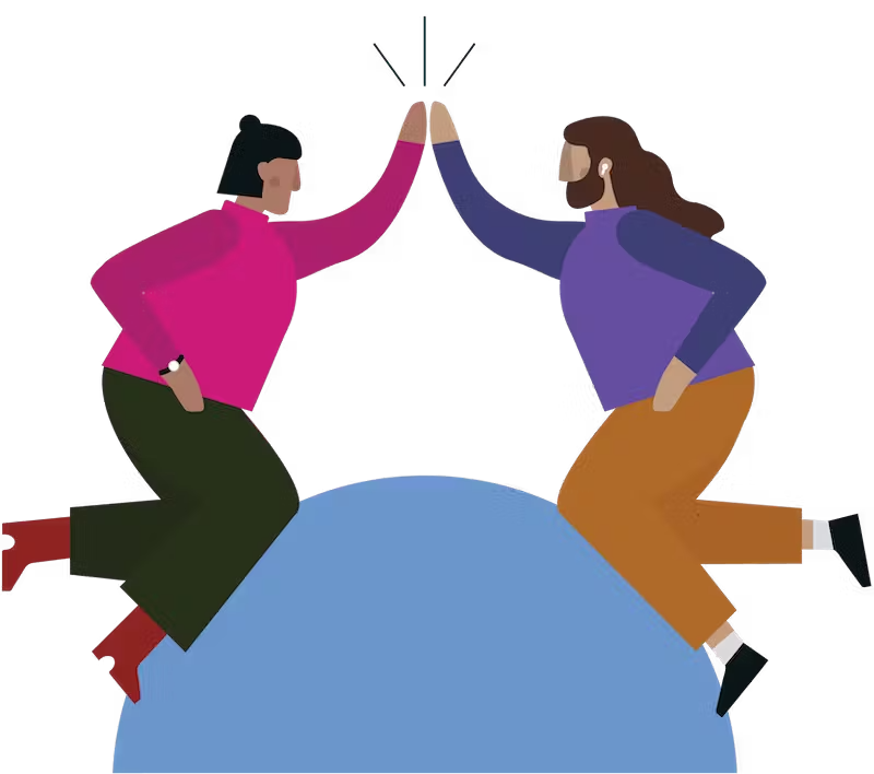 Illustration of two people jumping in the air and high-fiving.