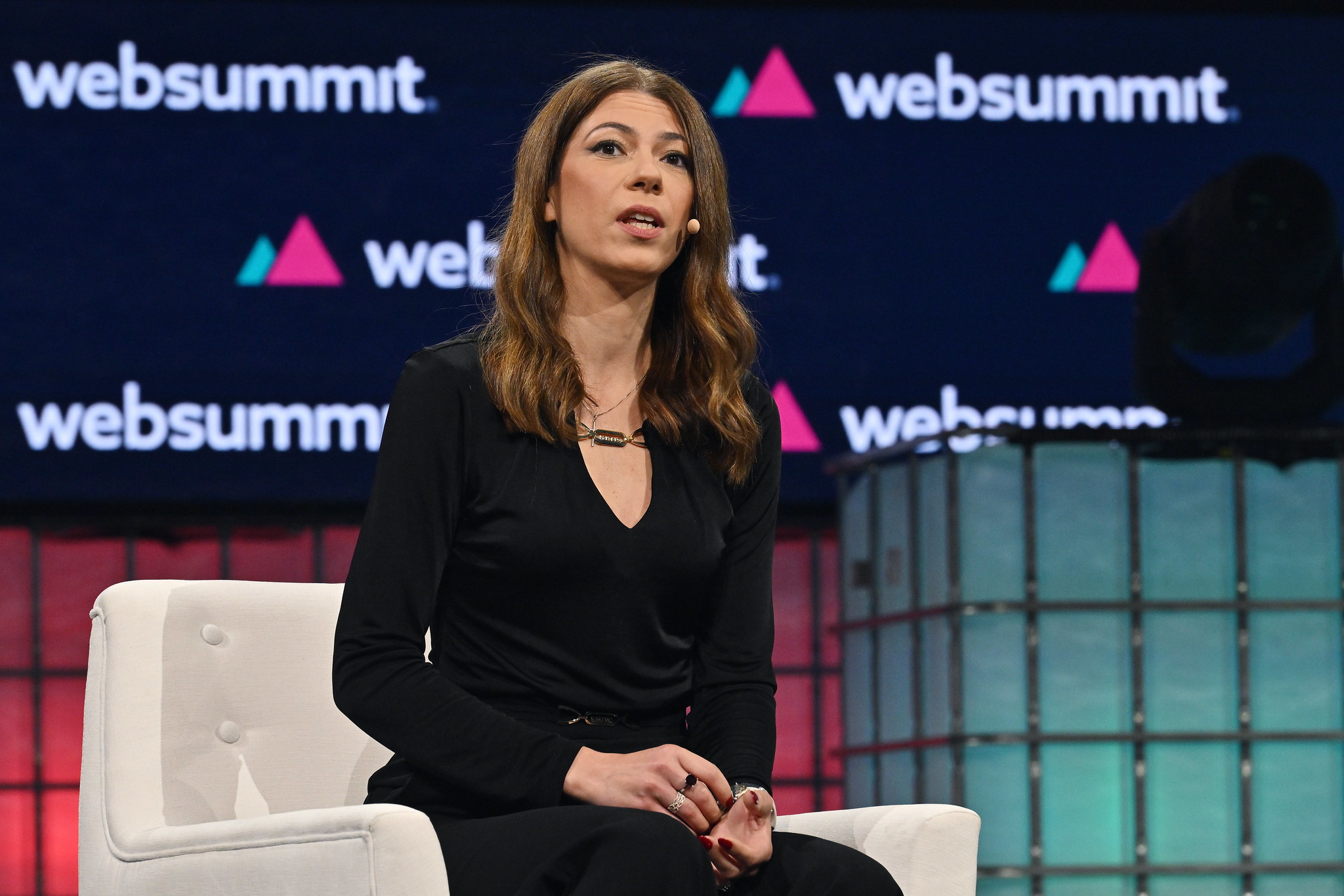 Daniela Braga, Founder & CEO, Defined.ai, on Cente Stage during day three of Web Summit 2023 at the Altice Arena in Lisbon, Portugal