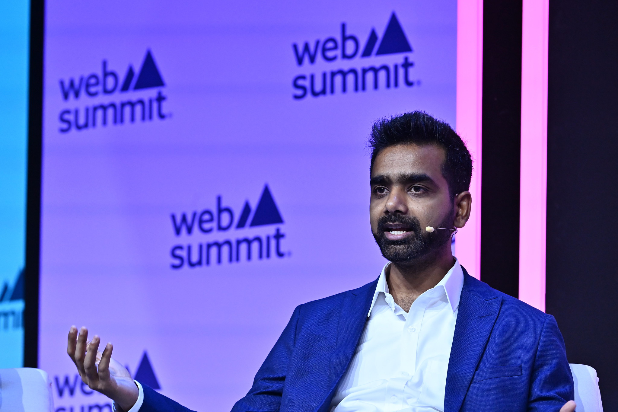 Himanshu Gupta, CEO ClimateAi | Ex Office of Al Gore, on AI Academy Stage during day one of Web Summit 2023 at the Altice Arena in Lisbon, Portugal