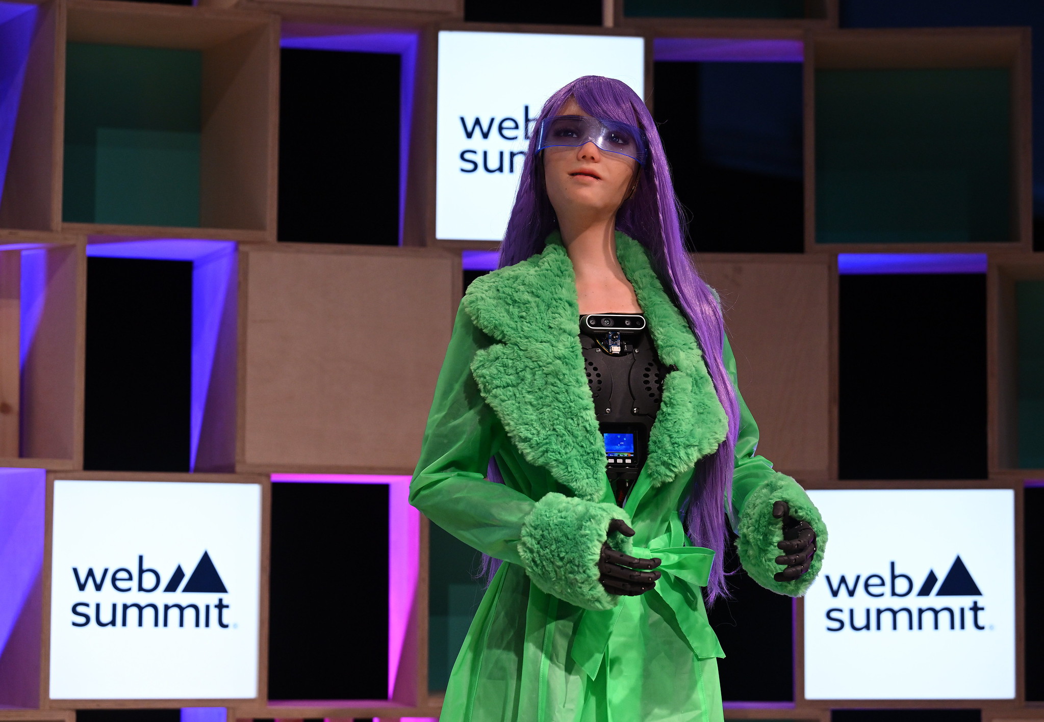 Desdemona x, Humanoid Robot, SingularityNET; on the Q&A Stage during day two of Web Summit 2023 at the Altice Arena in Lisbon, Portugal