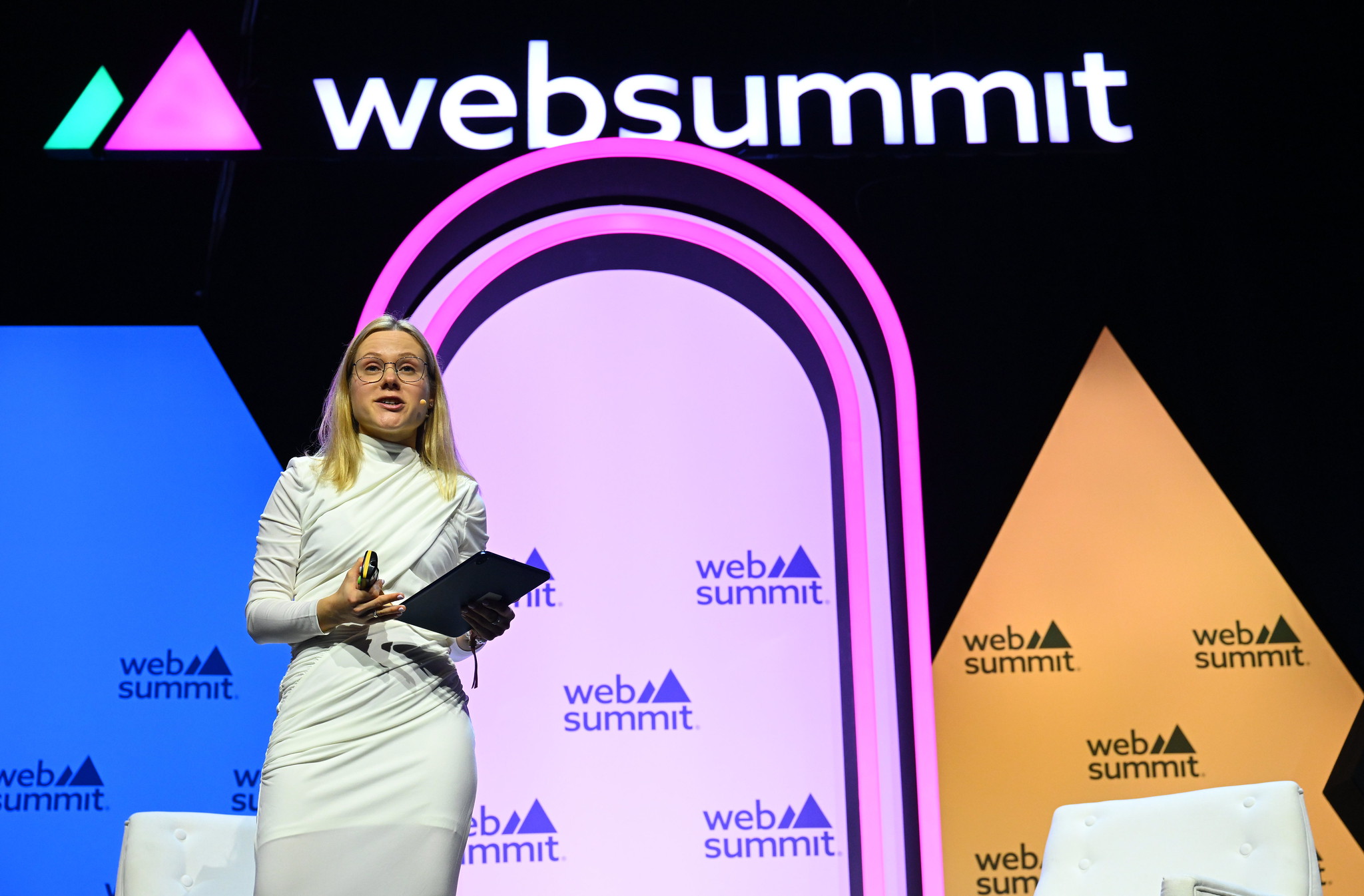 Elena Doms, Head, +EARTH+, on planet:tech Stage during day three of Web Summit 2023 at the Altice Arena in Lisbon, Portugal