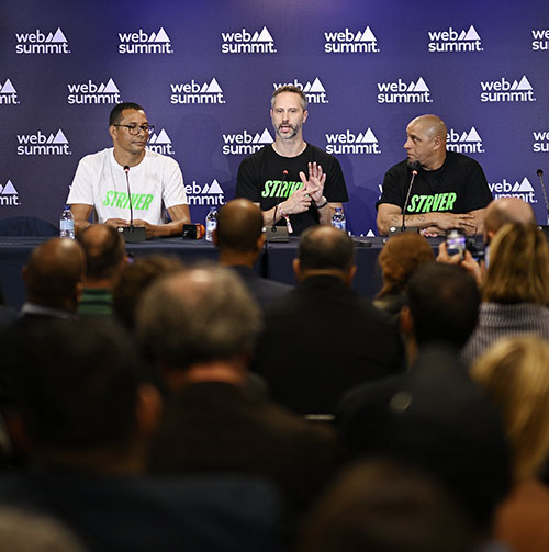 Gilberto-Silva-World-Cup-Winner-Brazil-Tim-Chase-Founder-of-Striver-and-Roberto Carlos Former Professional Footballer speak at a press conference Web Summit