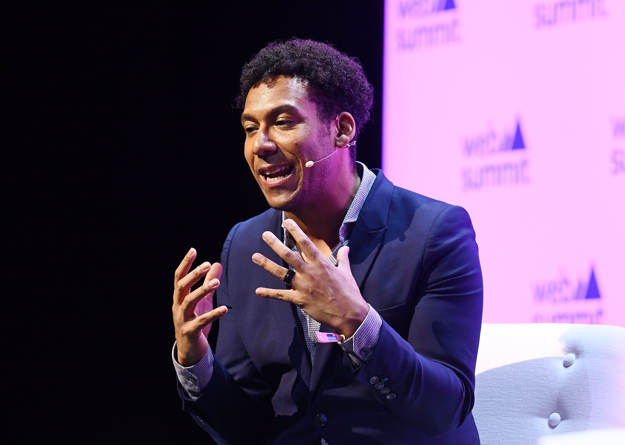 Kim Smouter, Executive Director, European Network Against Racism (ENAR); on Future Societies Stage during day two of Web Summit 2023 at the Altice Arena in Lisbon, Portugal.