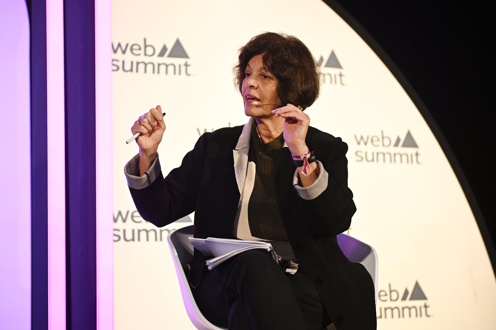 Luisa Meireles, Editor-in-chief, Agência Lusa, on Fourth Estate Stage during day one of Web Summit 2023 at the Altice Arena in Lisbon, Portugal.