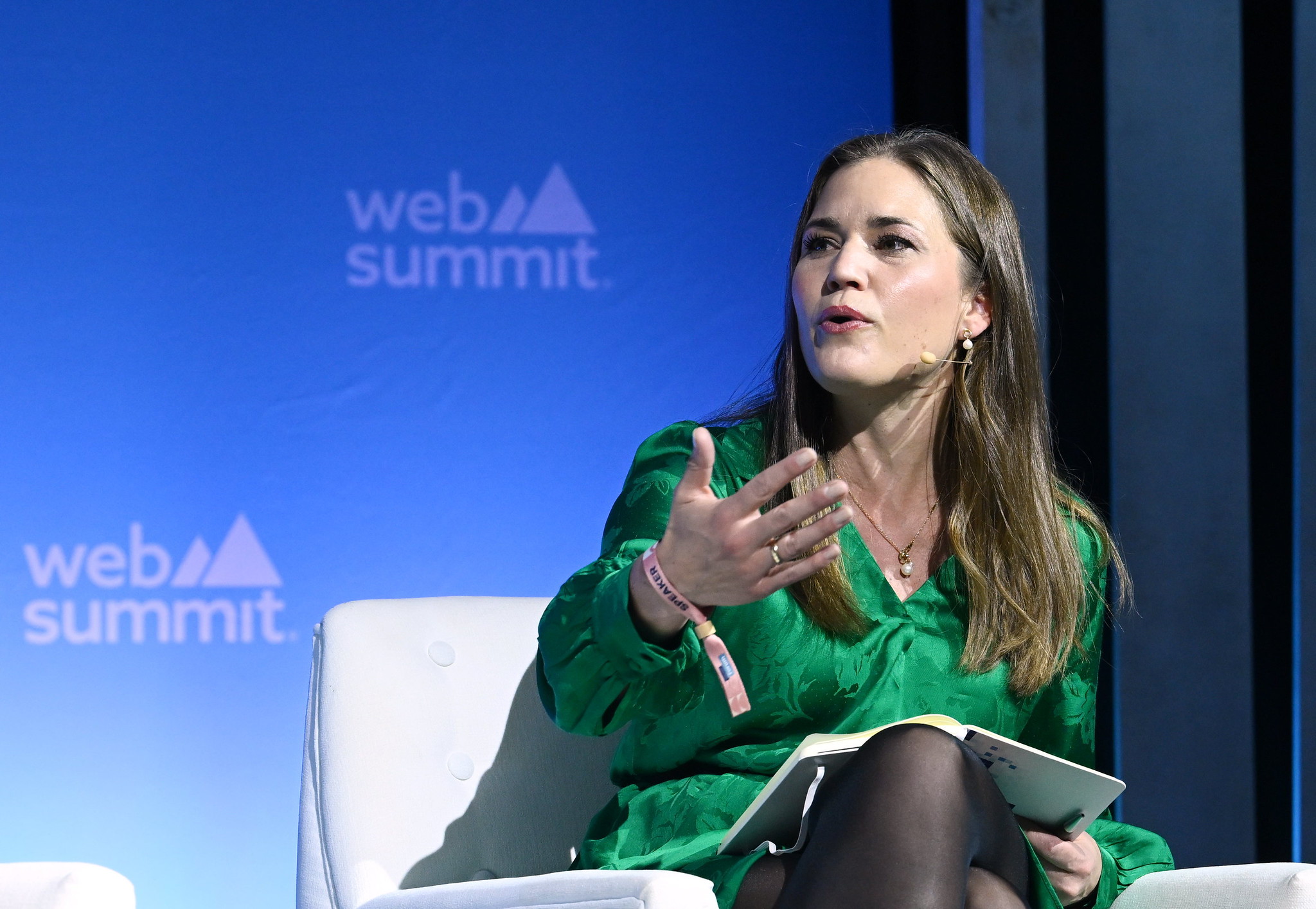 Marie Bjerre, Minister for Digital Government and Gender Equality, Denmark; on PolicyMakers Stage during day one of Web Summit 2023 at the Altice Arena in Lisbon, Portugal