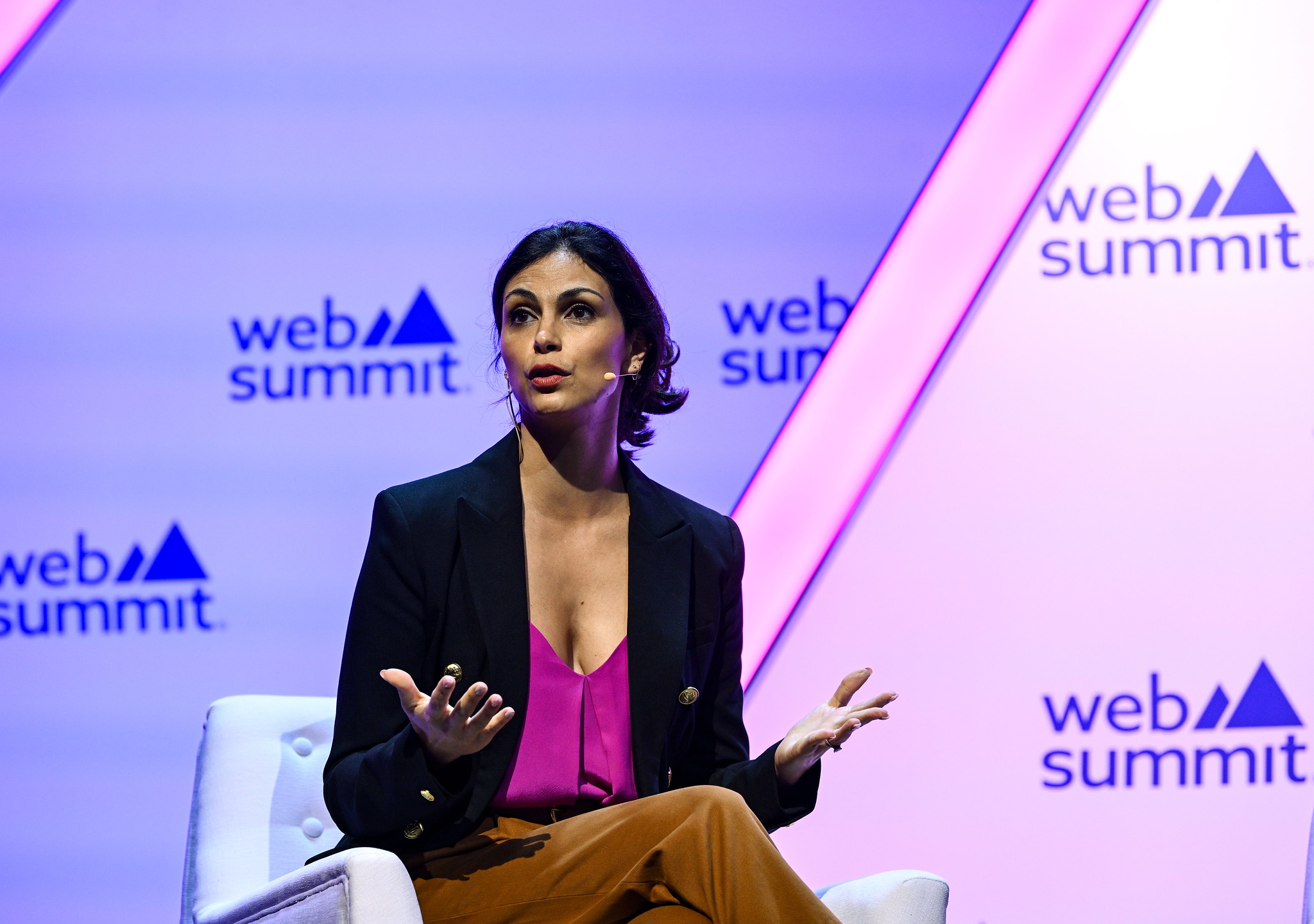 Morena Baccarin, Actor & Ambassador, International Rescue Committee, on Future Societies Stage during day two of Web Summit 2023 at the Altice Arena in Lisbon, Portugal.