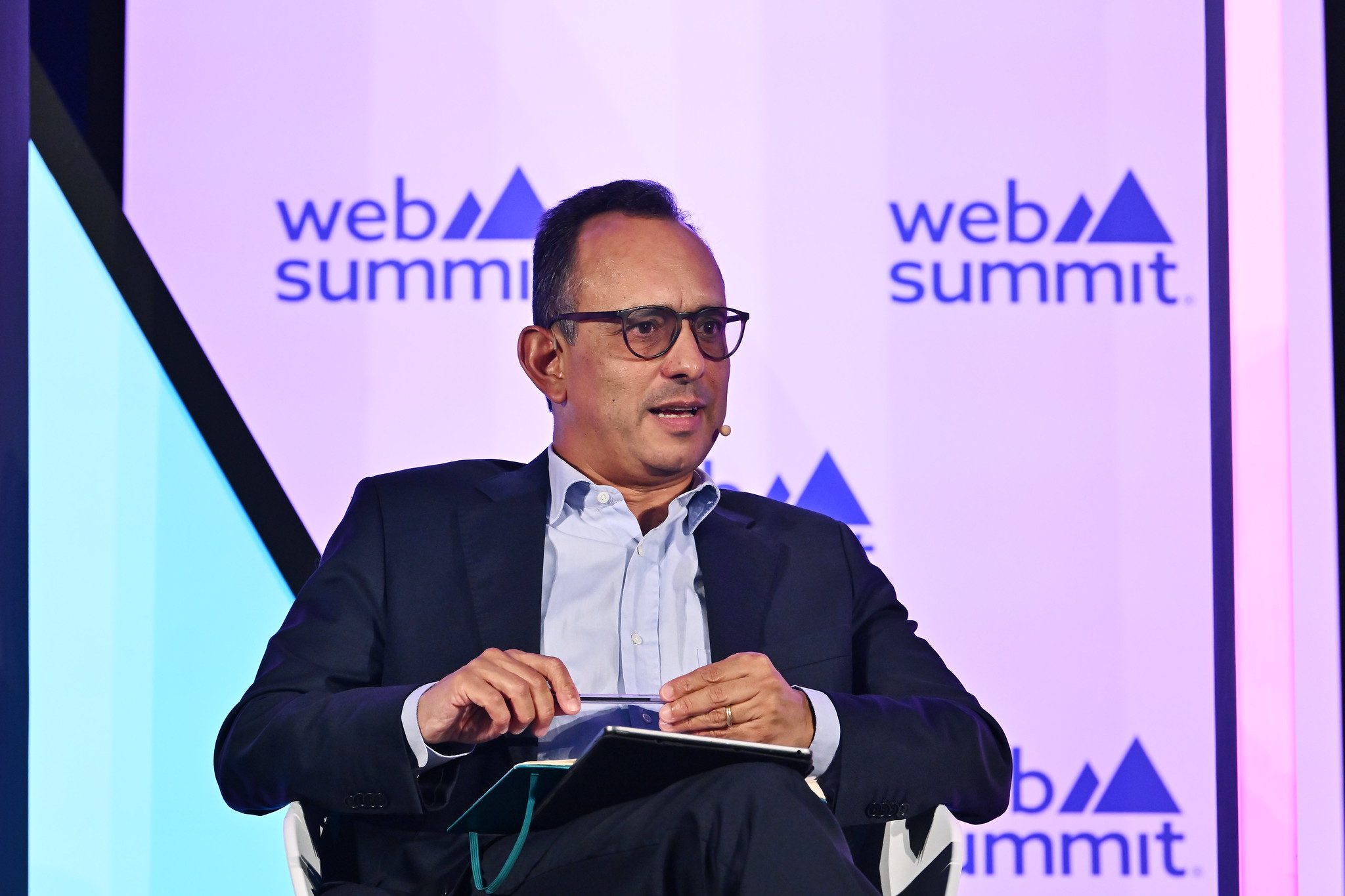 Ricardo Costa, Editor-in-chief, Sociedade Independente de Comunicação (SIC), on Fourth Estate Stage during day one of Web Summit 2023 at the Altice Arena in Lisbon, Portugal