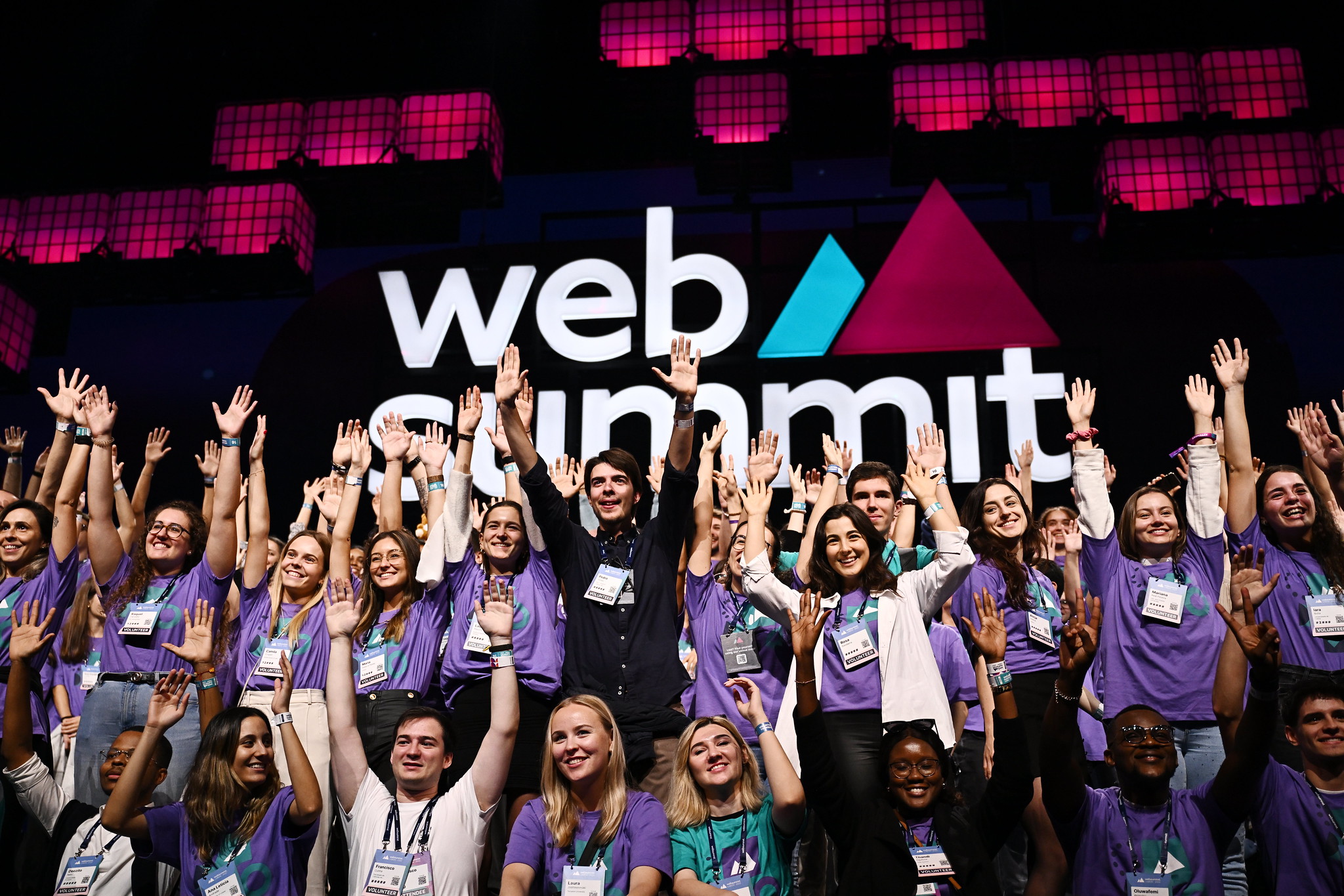 Web Summit volunteers on Centre Stage following day three of Web Summit 2023 at the Altice Arena in Lisbon, Portugal.