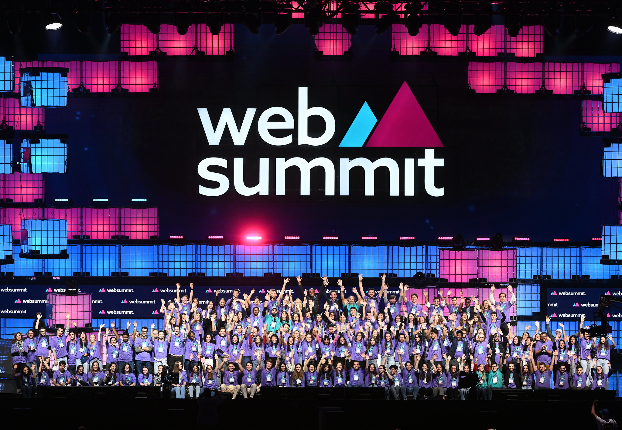 Web Summit volunteers on Centre Stage following day three of Web Summit 2023 at the Altice Arena in Lisbon, Portugal.