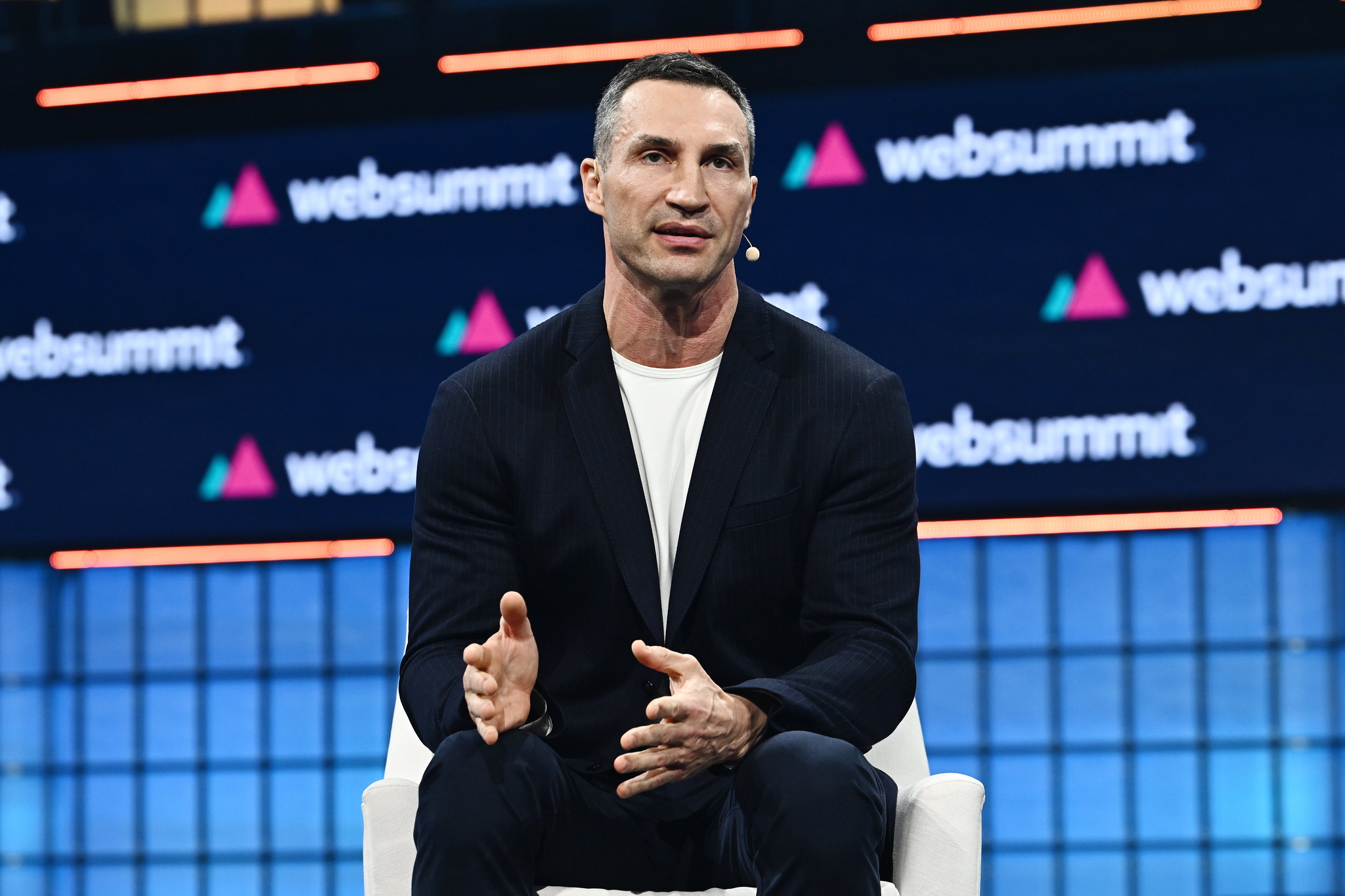 Wladimir Klitschko, Ambassador of Kyiv Digital, founder Klitschko Foundation, Klitschko Ventures, Kliwla Family Office, on Centre Stage during day one of Web Summit 2023 at the Altice Arena in Lisbon, Portugal
