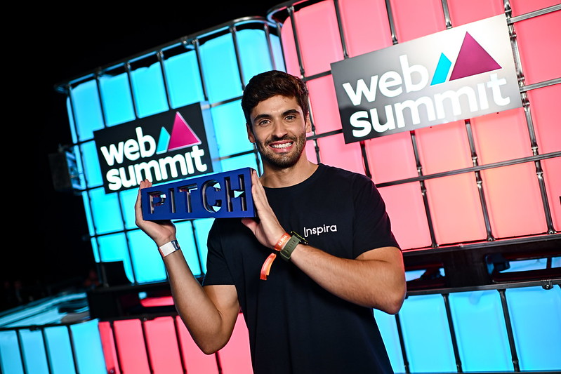 Pitch winner, Henrique Ferreira, CXO, Cofounder, Inspira, on Centre Stage during day three of Web Summit 2023 at the Altice Arena in Lisbon, Portugal.