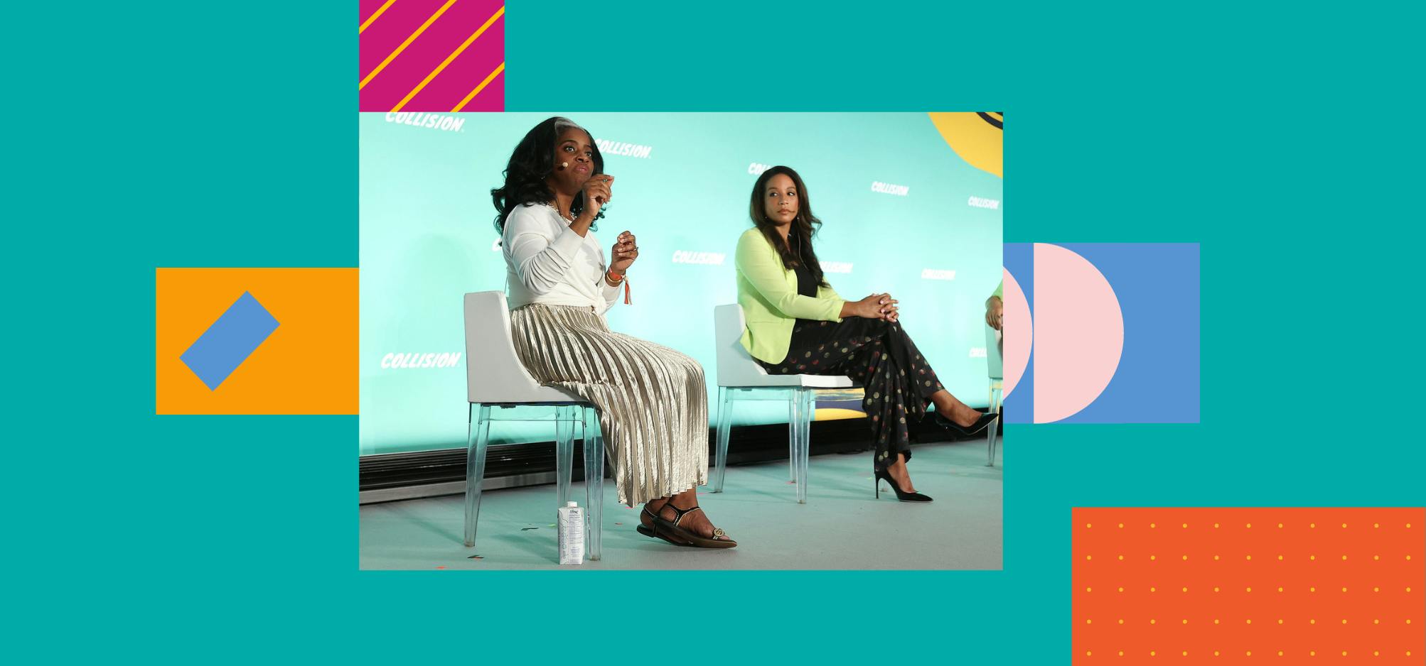 Image of two people (Kelly Burton, CEO, Black Innovation Alliance; Janaye Ingram, Director of Community Partner Programs & Engagement, Airbnb) sitting on stage on perspex and plastic chairs. The person on the left appears to be talking while the person on the right looks on.