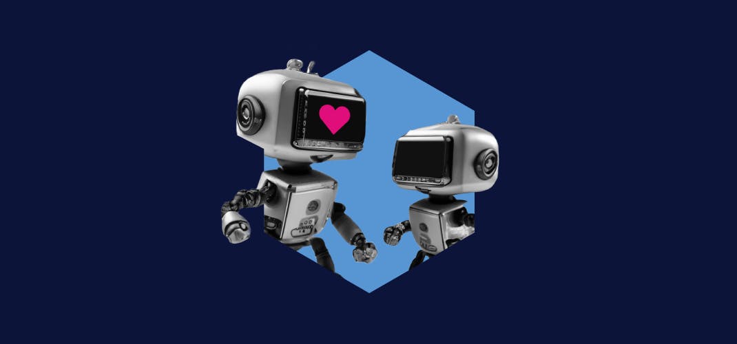 Two vintage style robots face each other. They have displays in place of faces. There is a heart symbol on the left robot's display.