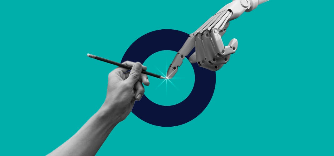 A image of a human hand holding a pen reaching out to touch a robot hand reminiscent of Michelangelo's The Creation of Adam.
