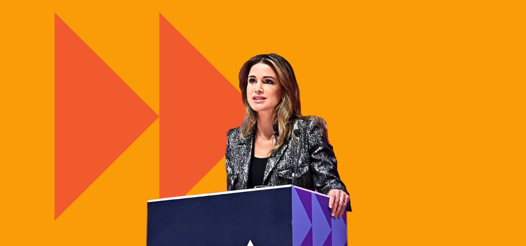 Stylised cut out image of Queen Rania of Jordan speaking at Web Summit 2022 with colourful graphic elements in the background.