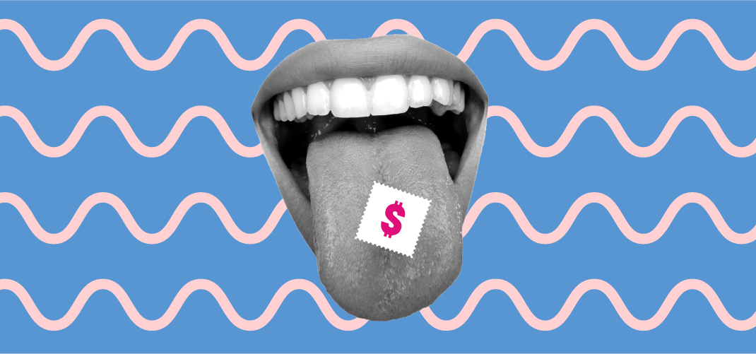 Image of an open mouth with a tongue sticking out. Sitting on the tongue is what appears to be an acid tab with dollar sign printed on it.