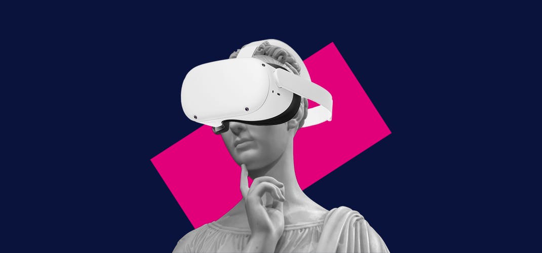 A pop art style image of a classical Greco-Roman statue (in black and white) wearing a VR headset.