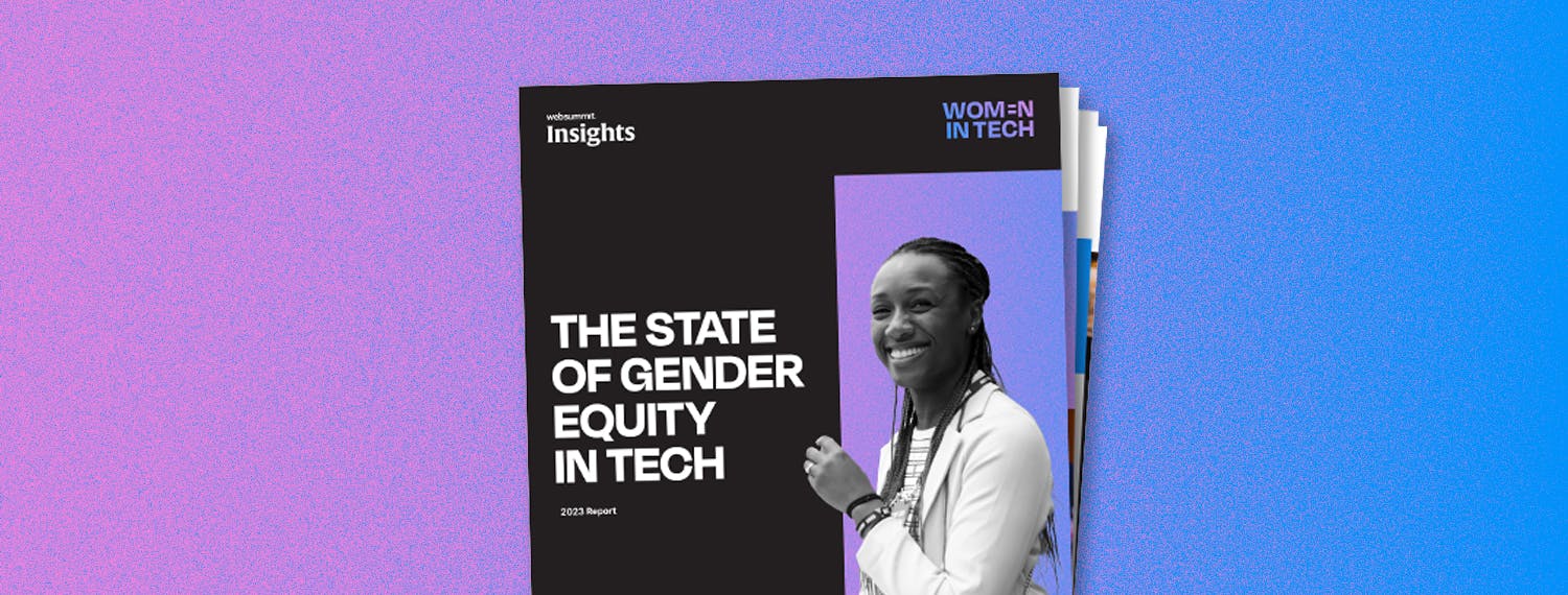 Image in the style of a magazine cover with pages visible behind the front cover. The front cover has an image of a person smiling and text saying 'women in tech' with the title: 'The state of gender equity in tech'