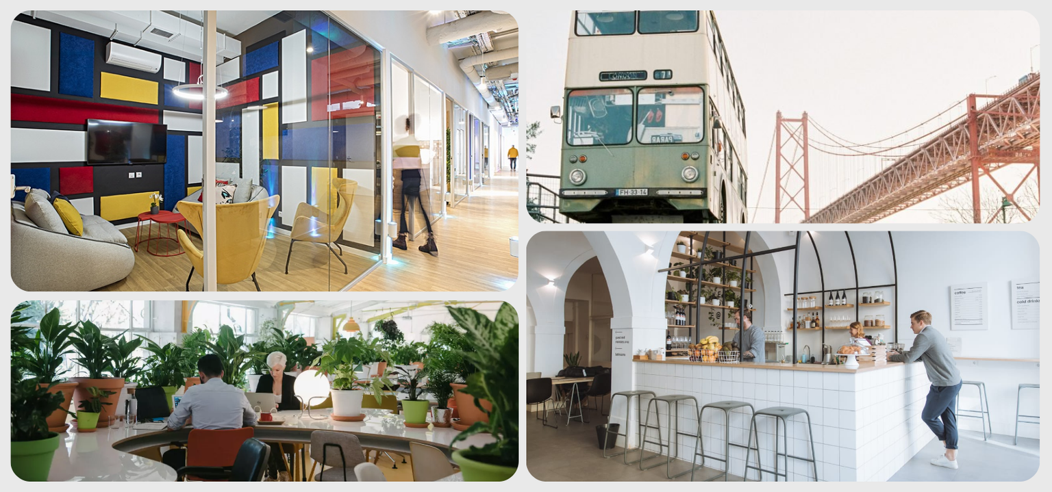 Mosaic of four images of co-working spaces in Lisbon, Portugal.