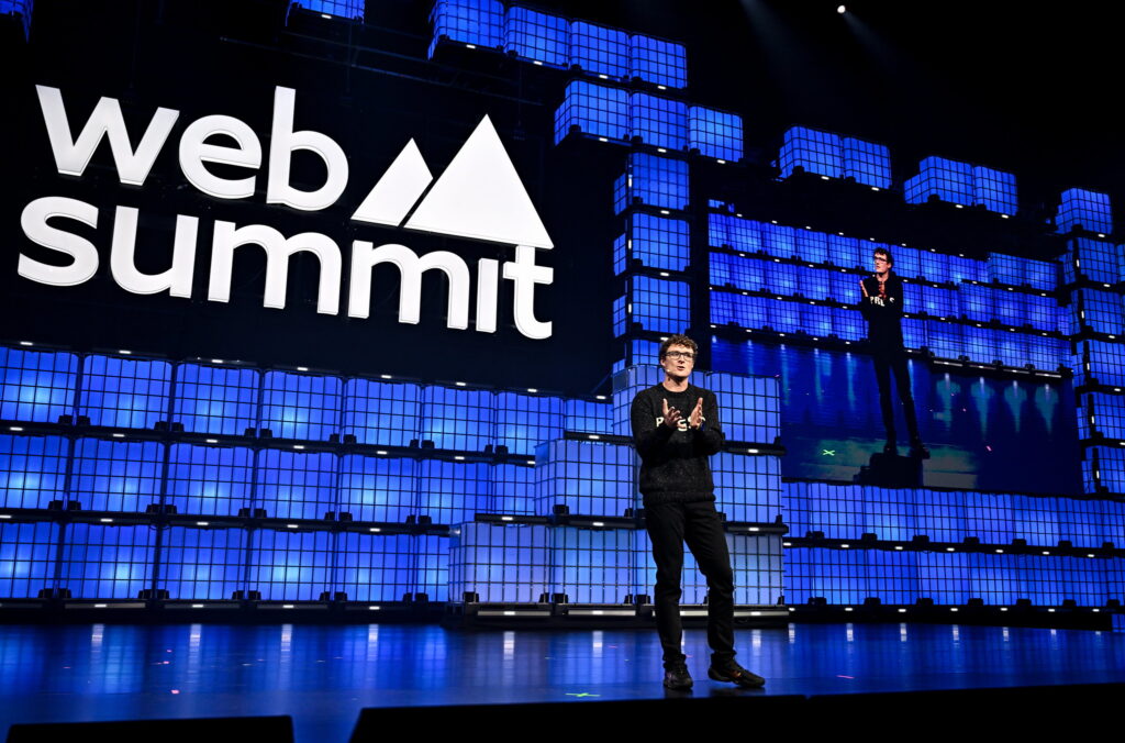 Paddy Cosgrave, CEO and Founder, Web Summit on centre stage during opening night of Web Summit 2025 at the MEO Arena in Lisbon